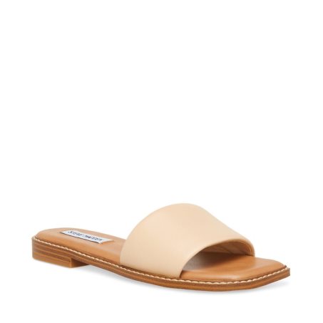 Beige Steve Madden ra Leather Women's Slides | PH 6321VKB